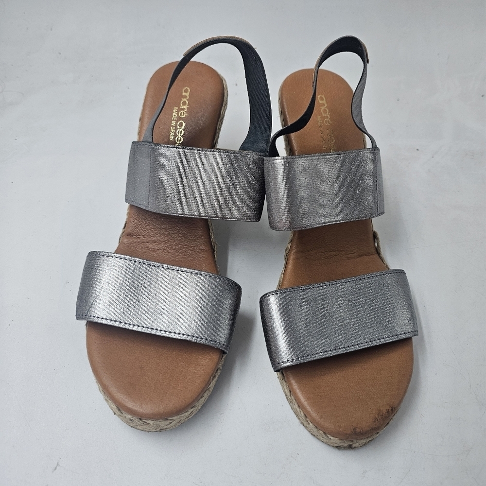 Andre Assous Allison Metallic Silver Espadrille Wedge Sandals Sz EU39 SpainMade - Picture 9 of 11